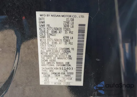 2008 Infiniti Qx56 z USA, uszkodzony, nr VIN 5N3AA08C48N911403